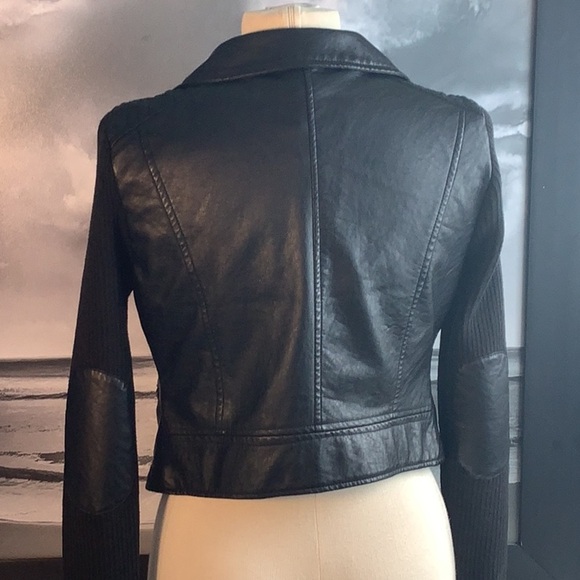 Neu Look Black Faux Leather Cropped Knit Sleeves Motorcycle Jacket Sz M - Picture 7 of 12